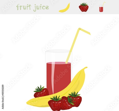 Banner Fruit juice. A glass of juice, yellow straw, banan,  red strawberry on white background, vector