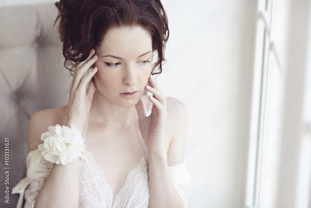 Female portrait of cute lady indoors. Close up beautiful sexy model girl in elegant pose. Closeup beauty brunette woman with hairstyle Female portrait of cute lady indoors. Close up beautiful sexy model girl in elegant pose. Closeup beauty brunette woman with hairstyle