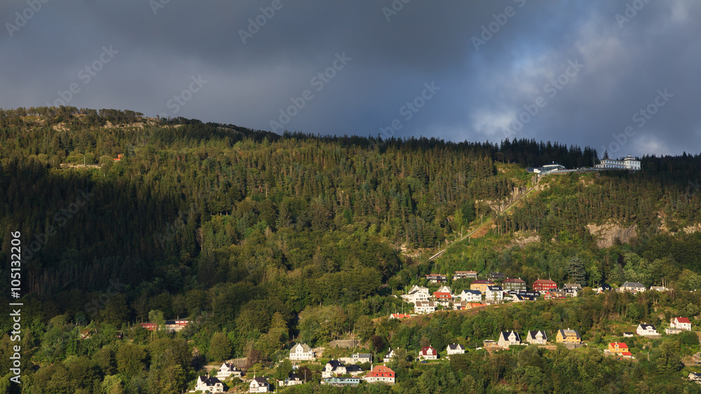 Mount Floyen.  A view of Mount Floyen above the city of Bergen in Norway.  The funicular railway can be seen climbing Mount Floyen.