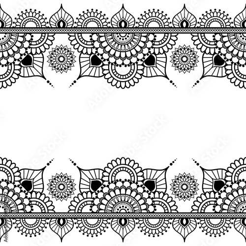 Pattern seamless border elements in Indian mehndi style for tattoo or card isolated on white background.