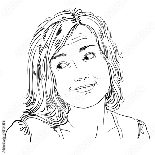 Monochrome vector hand-drawn image, blameworthy young woman. Bla