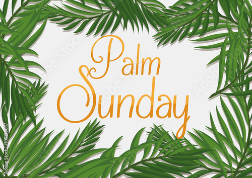 Golden Palm Sunday Text with Branches Around it, Vector Illustration