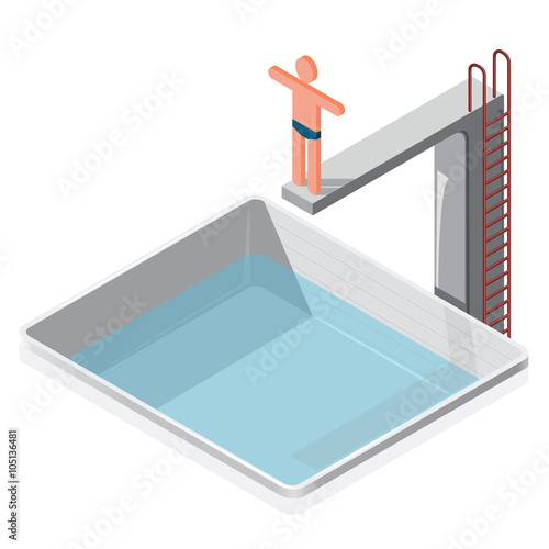 Swimming pool isometric. Sportsman in trunks on springboard prepares to water jump on white background. Illustration for sport article. Pictogram element 3d set. Flatten isolated master vector.