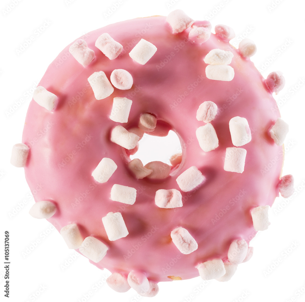 pink glazed donut with marshmallow isolated on white background
