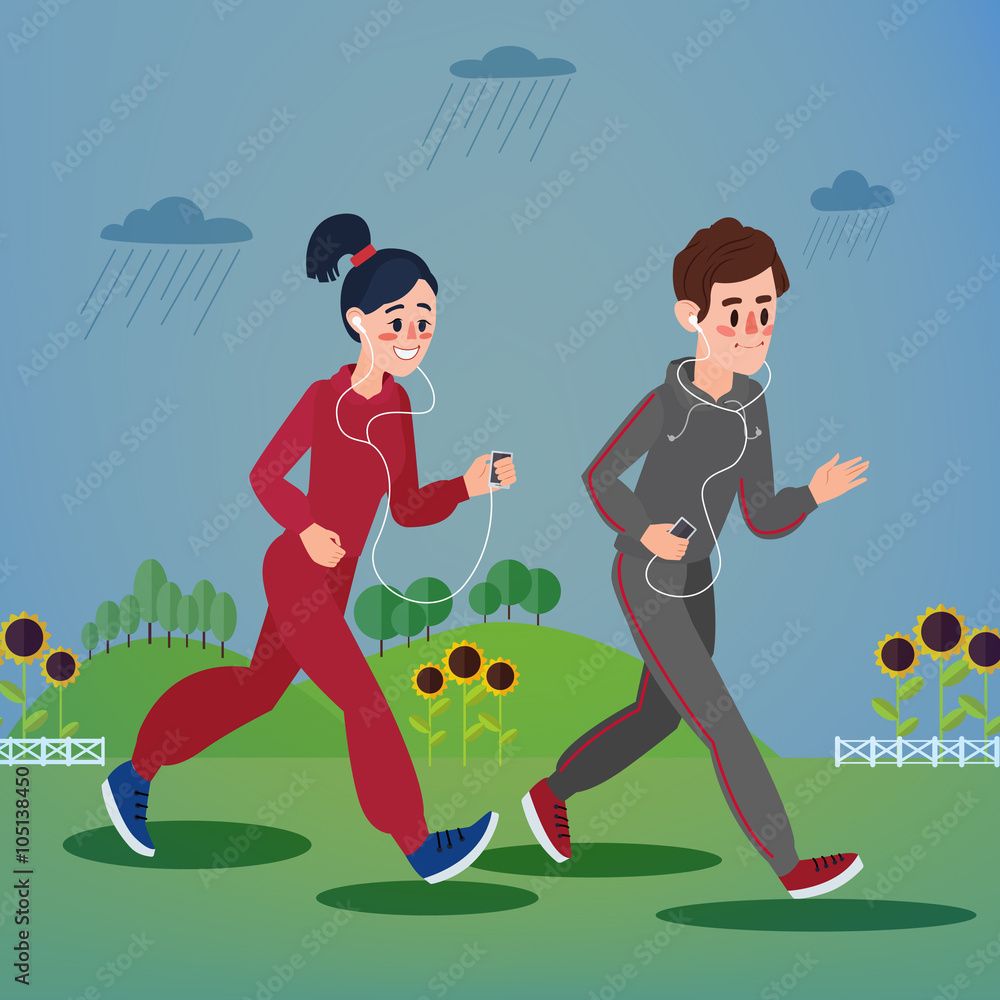 Man and Woman with Headphones Running in the Hills and Sunflowers Man and Woman with Headphones Running in the Hills and Sunflowers