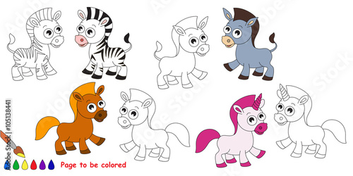 Horse set cartoon. Page to be colored.