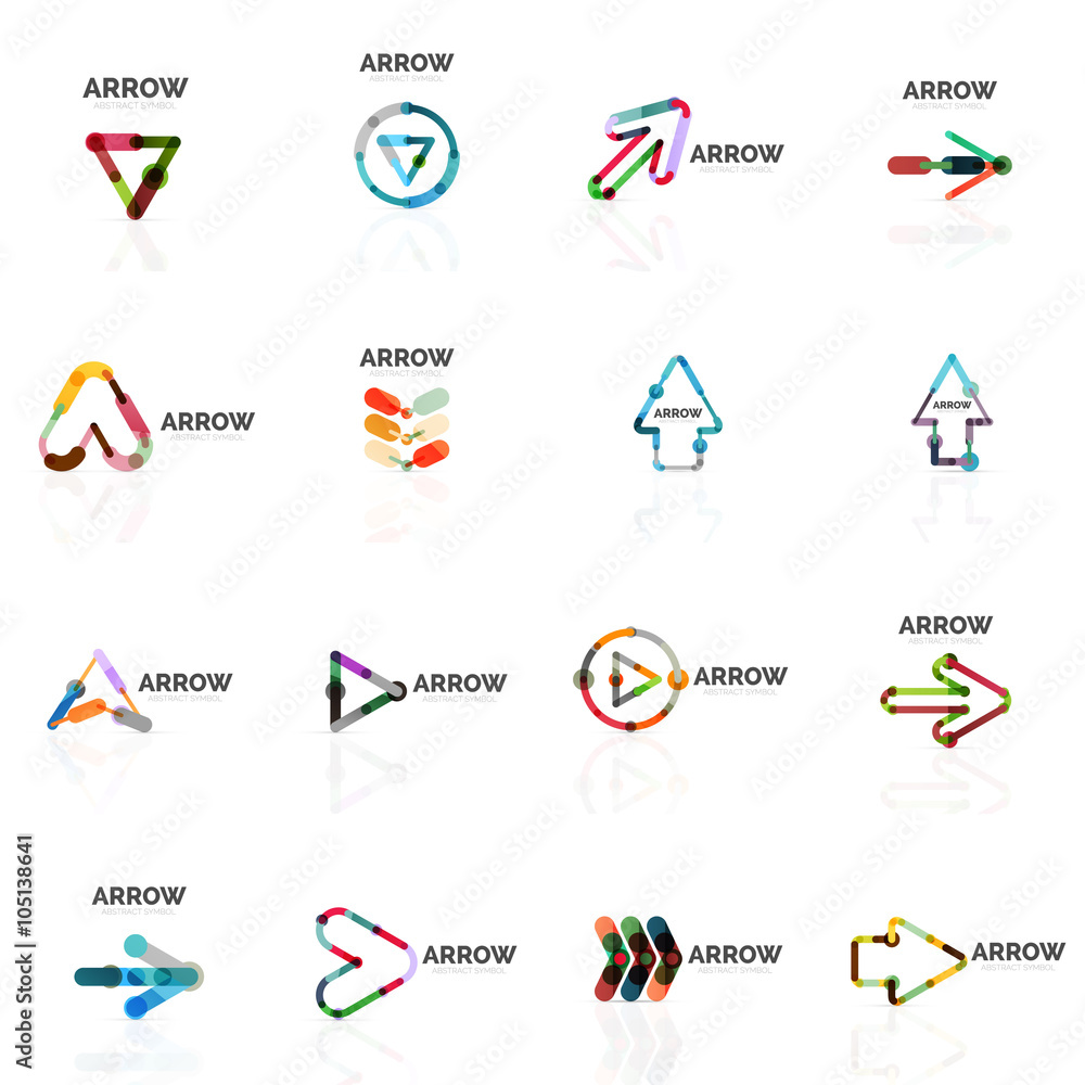 Set of linear arrow abstract logos, connected multicolored segments lines in directional pointer figures Set of linear arrow abstract logos, connected multicolored segments lines in directional pointer figures