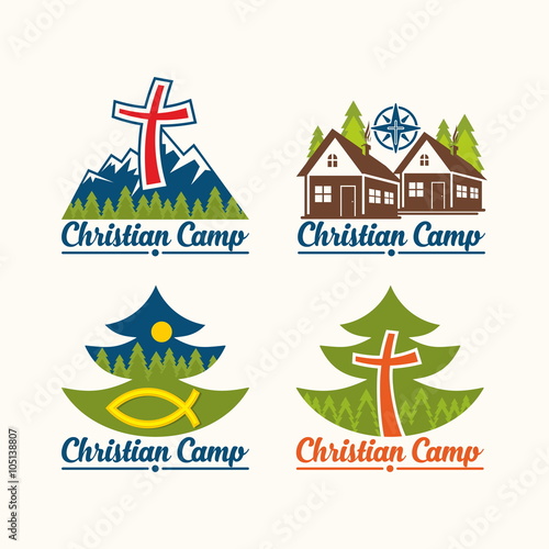 Set of logo christian camp. Summer bible camp.