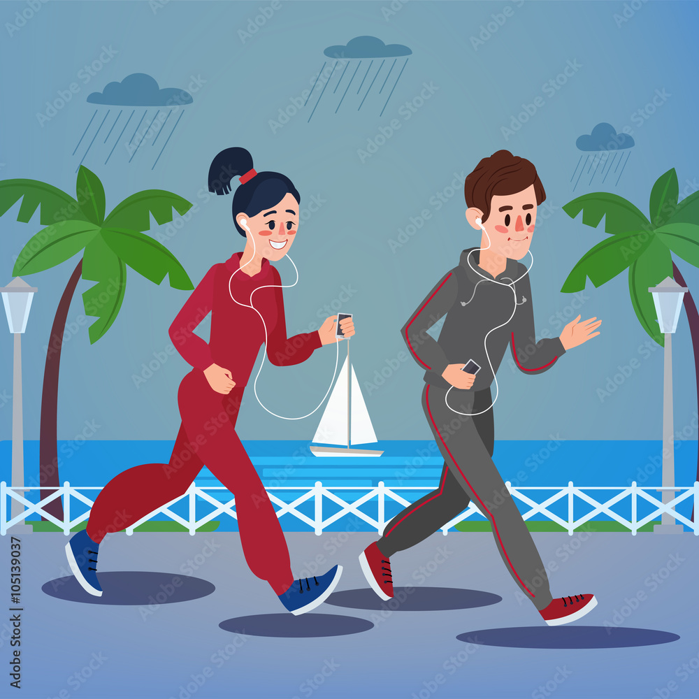 Man and Woman with Headphones Running on the Seaside Promenade under the Rain Man and Woman with Headphones Running on the Seaside Promenade under the Rain