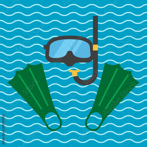 Icono plano gafas y aletas de buzo sobre fondo marino
