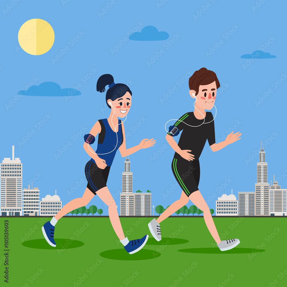 Man and Woman with Headphones Running in the Megapolis Man and Woman with Headphones Running in the Megapolis