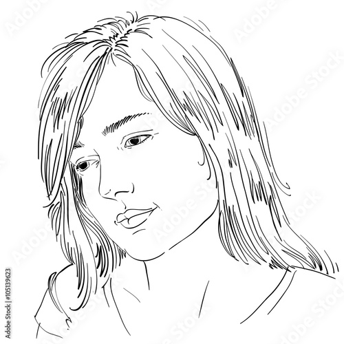 Hand-drawn portrait of white-skin sorrowful woman, sad face emot