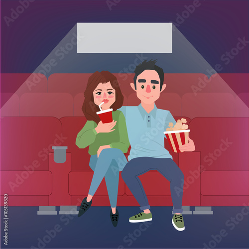 Movie Time Banner. Young Couple at the Cinema with Popcorn and Soda