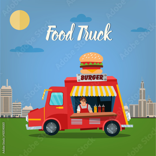 Street Food Concept with Burger Food Truck and Seller in the Megapolis
