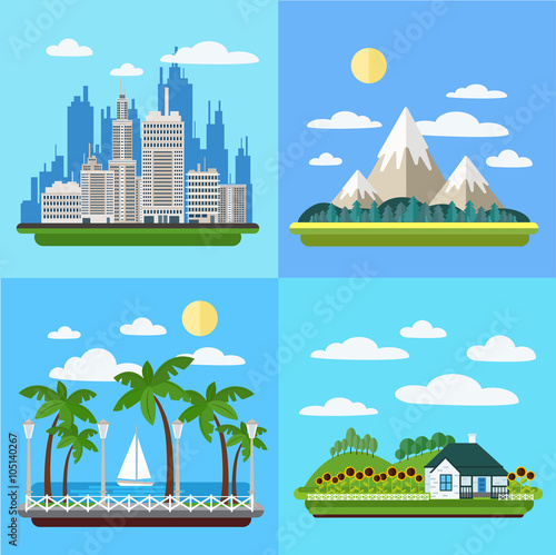 Set of Landscapes - Megapolis, Mountains, Seaside Promenade and Village