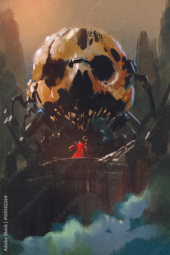 Obraz premium illustration painting of villain standing in front of skull building