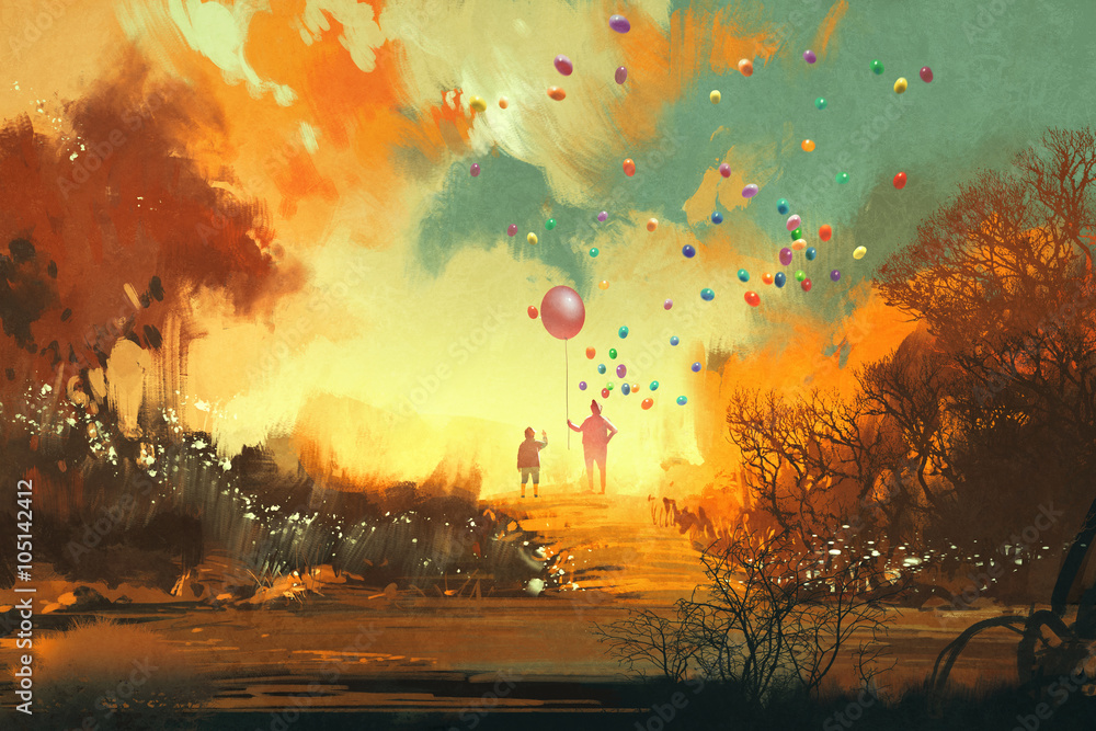 Naklejka premium boy and magician holding balloon standng on a path of fantasy land,illustration
