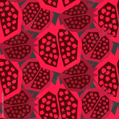 Pomegranate pattern. Seamless garnet fruit floral vector ornament. Large pink fruit on grey background.