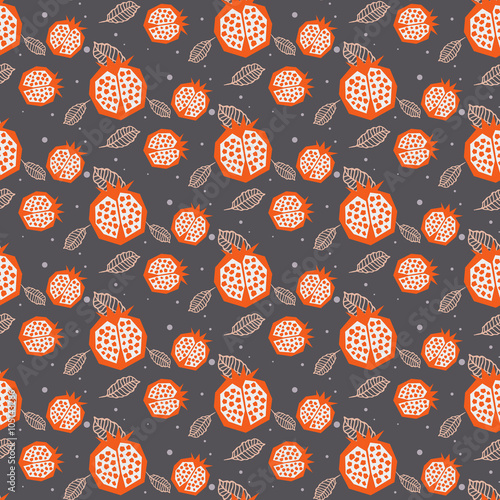 Pomegranate pattern. Seamless grey and orange garnet fruit floral vector ornament.