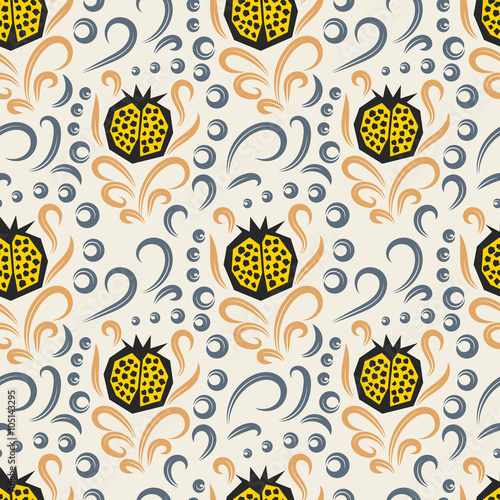 Pomegranate pattern. Seamless yellow and beige garnet fruit with floral swirls vector ornament.