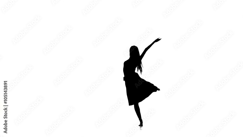 Slim woman dancer dancing contemporary dance, turns around, on white, silhouette, slow motion Slim woman dancer dancing contemporary dance, turns around, on white, silhouette, slow motion