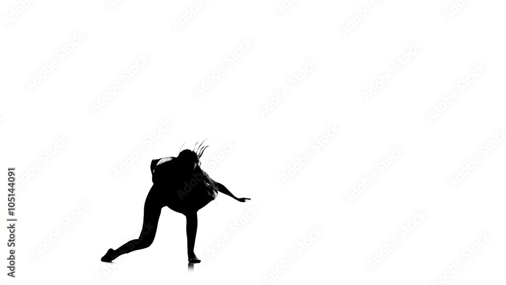Graceful girl dancer dancing contemporary dance, jumps on white, silhouette, slow motion Graceful girl dancer dancing contemporary dance, jumps on white, silhouette, slow motion