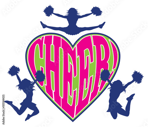 Cheer Heart is an illustration of a cheerleader design which includes three cheerleaders and the word cheer in a heart shaped design.