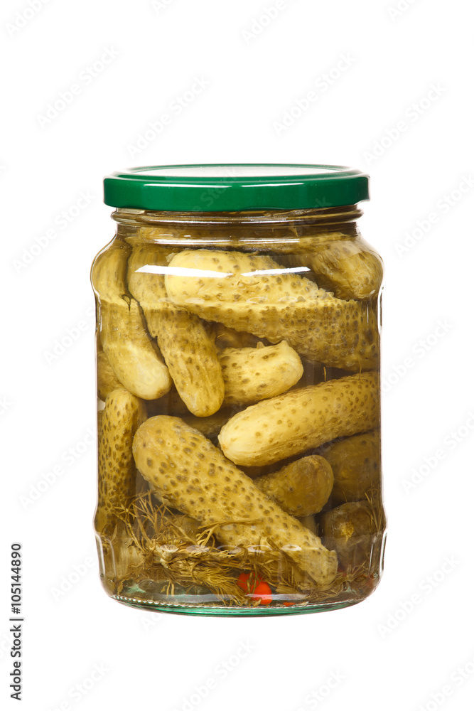Glass jar with pickled cucumbers isolated on white background Glass jar with pickled cucumbers isolated on white background