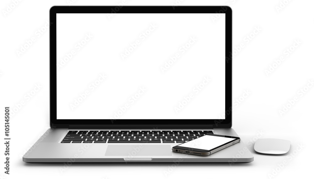 Fototapeta premium Laptop and smartphone with blank screen isolated on white background, aluminium body.Whole in focus. High detailed.
