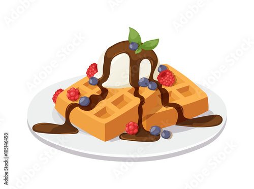 Belgium waffles with chocolate cream, ice cream and strawberries isolated on white background vector