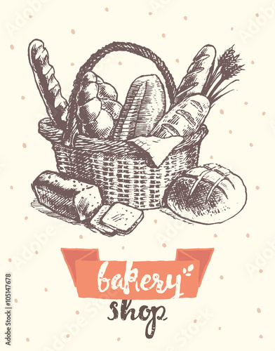 Draw vintage vector basket fresh bread bakery shop