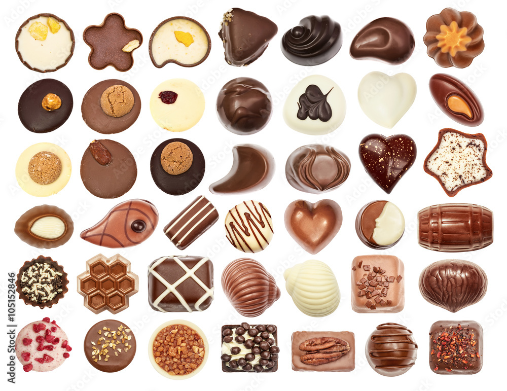 Set of chocolate candie, chocolate collection top view isolated on white