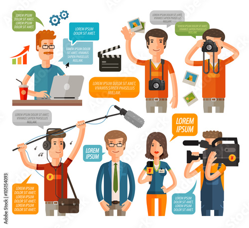 photographer and reporter, television, journalism flat icons set. vector illustration