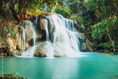 Waterfall Huay Mae Kamin in deep forest  with beautiful   in Thailand