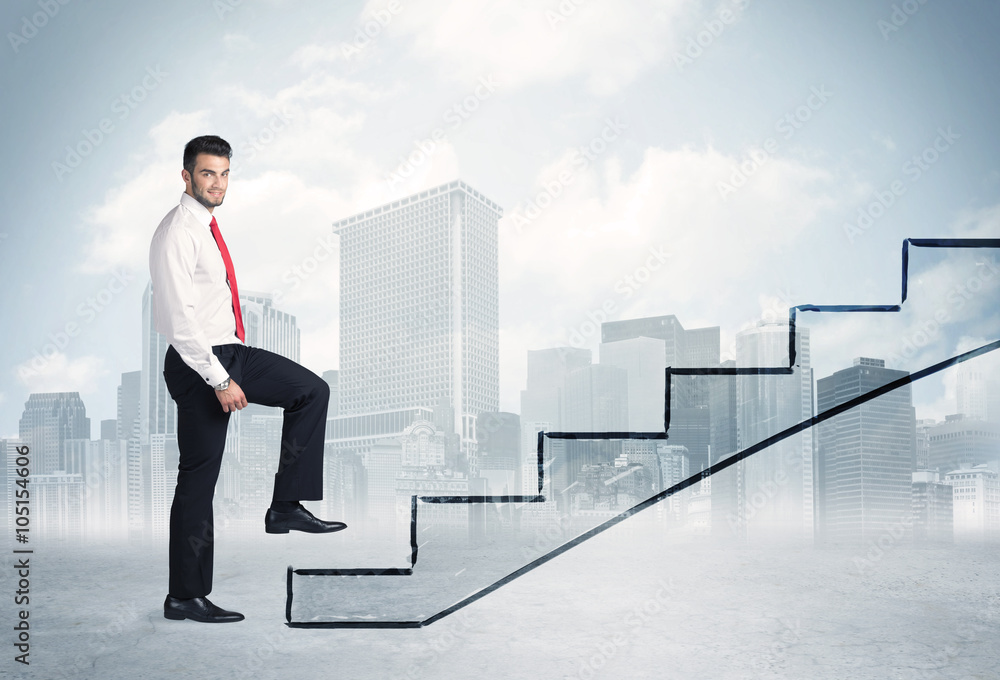 Business person in front of a staircase Business person in front of a staircase