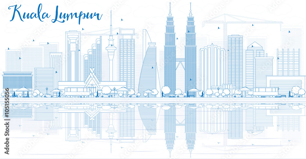 Outline Kuala Lumpur Skyline with Blue Buildings and Reflections