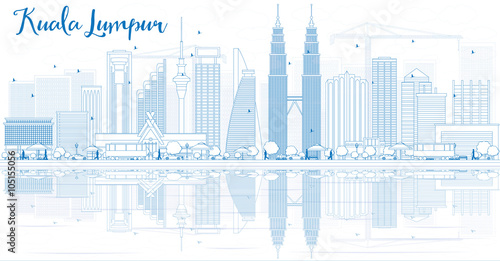 Outline Kuala Lumpur Skyline with Blue Buildings and Reflections