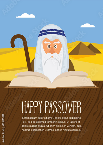 Moses reading Passover Haggadah on Egypt background