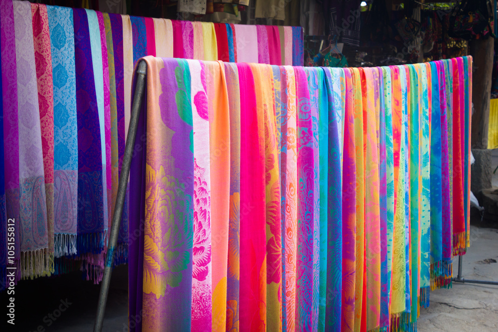 This is a photo of chinese Dai people's  colorful fabric and cloth, was taken in Yunnan, China.