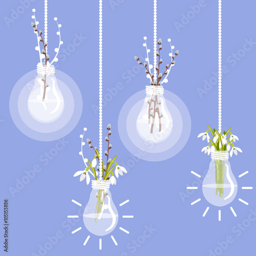 Vector illustration with lightbulb, pussy willow and snowdrops