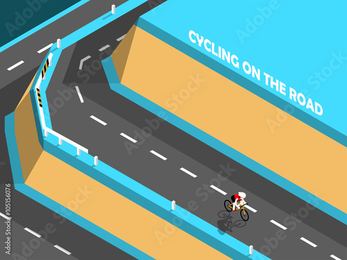 beautiful isometric design of cycling on the road, biking on the mountain.