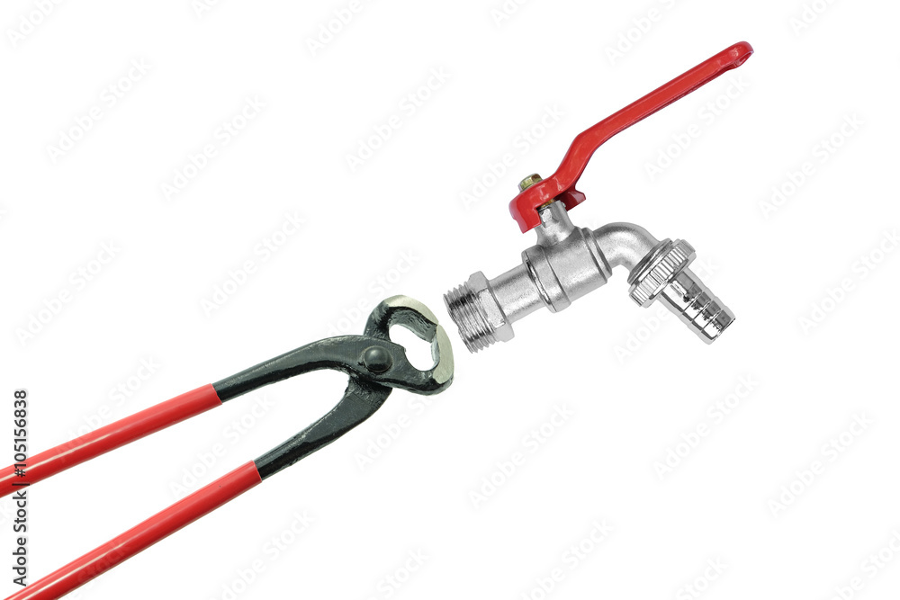 Mouth of eight inches pliers with red handle and red faucet hand Mouth of eight inches pliers with red handle and red faucet hand