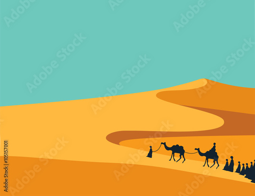 Group of People with Camels Caravan Riding in Realistic Wide Desert Sands in Middle East. Editable Vector Illustration