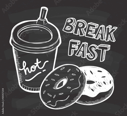 breakfast food and drink doodle on chalkboard background