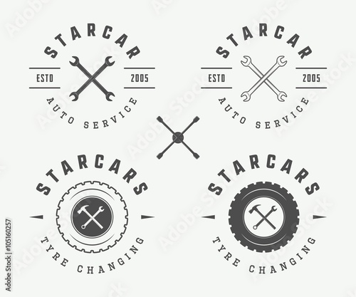 Set of vintage mechanic label, emblem and logo.
