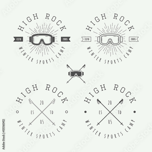 Vintage snowboarding or winter sports logos, badges, emblems