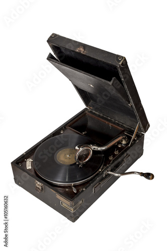 Gramophone with a vinyl record isolated over white background