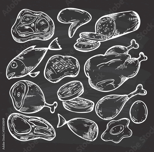 set of meat doodle on chalkboard background