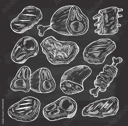 set of meat doodle on chalkboard background