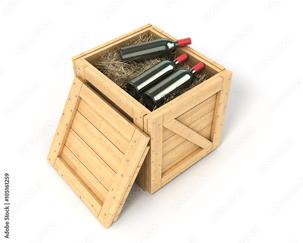Open wooden box with bottles of wine inside isolated on white Open wooden box with bottles of wine inside isolated on white
